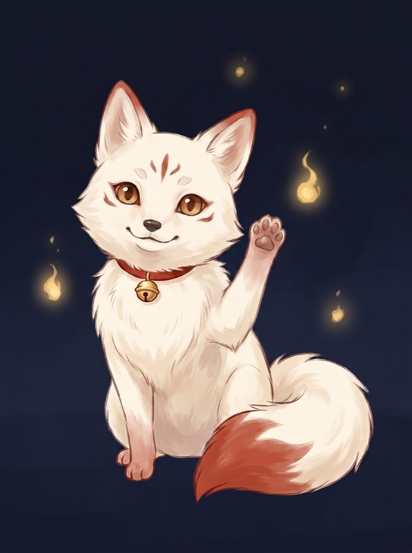 Kon, the white kitsune sensei, waving hello